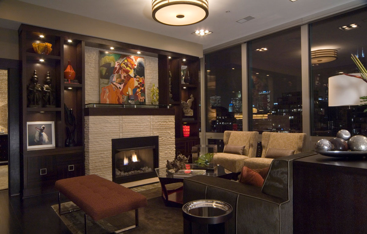 A River North high-rise interior at night with skyline views